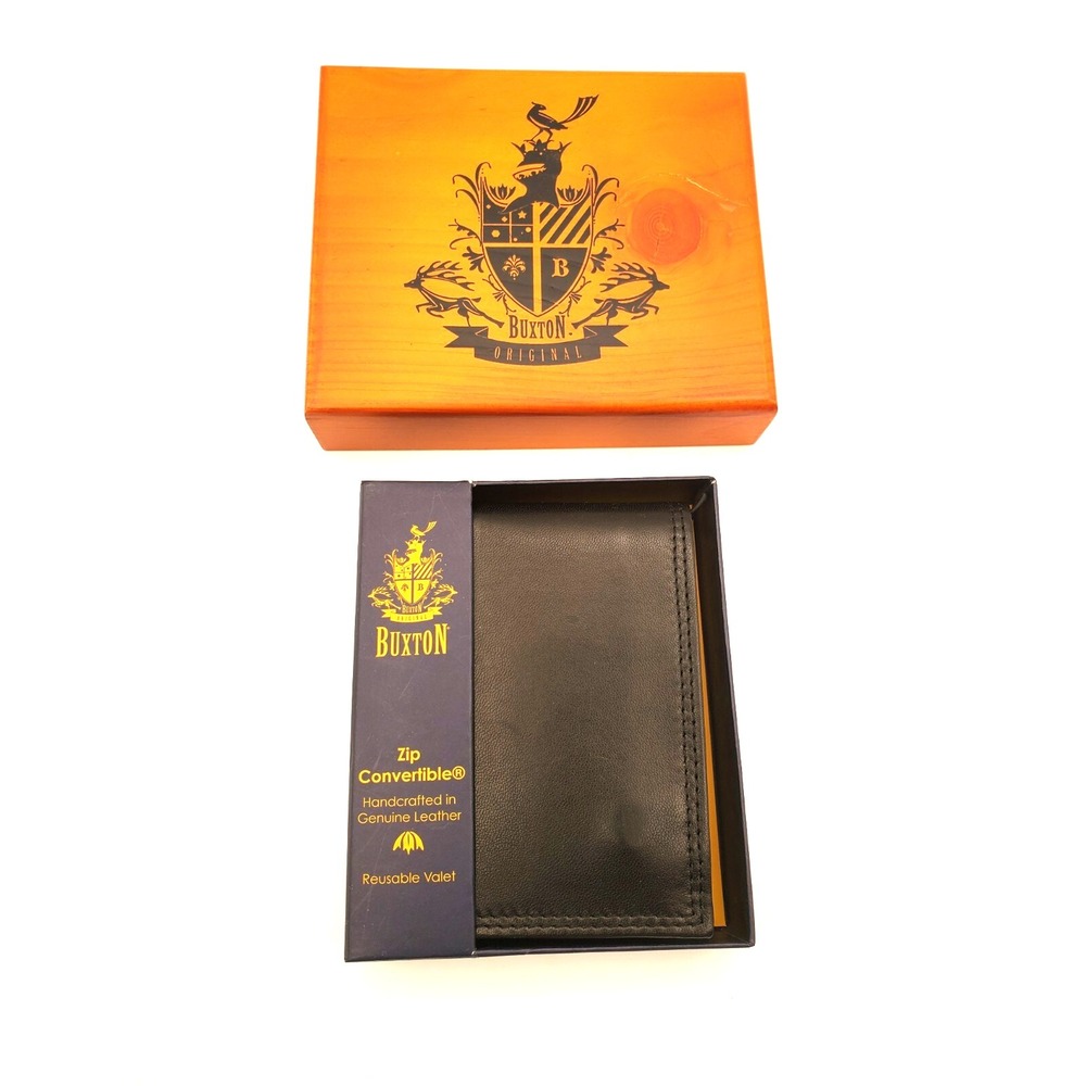 NIB Buxton Black Genuine Leather Bifold Men's Wallet w/Wooden Buxton Box